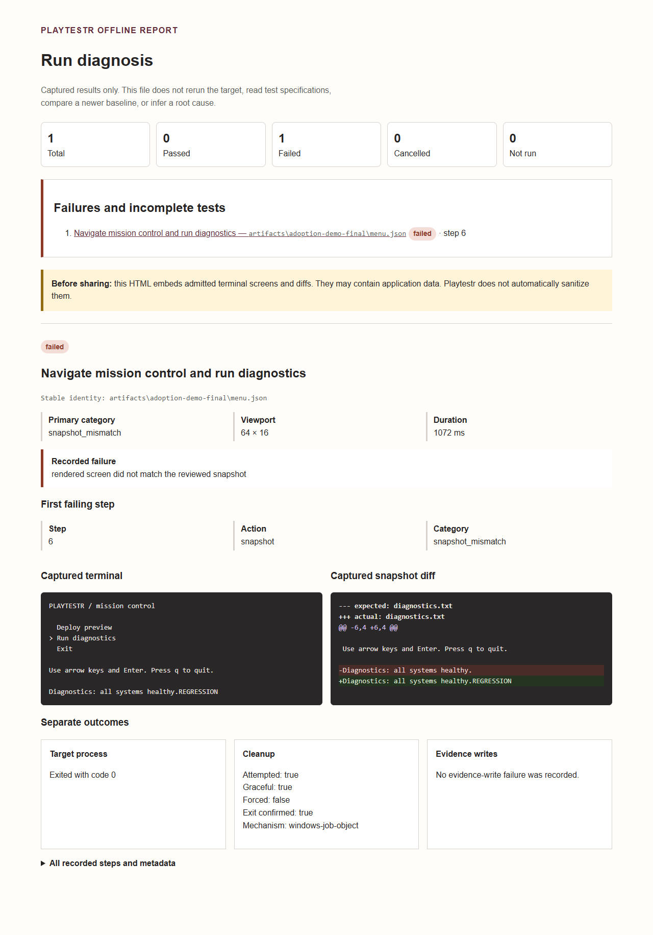 Actual rc.3 offline report: one failed menu snapshot, the changed diagnostics line, and confirmed Windows target cleanup