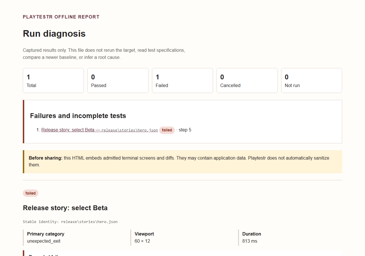 Offline Playtestr report showing one failed wrong-selection story, its unexpected-exit category, viewport, and duration